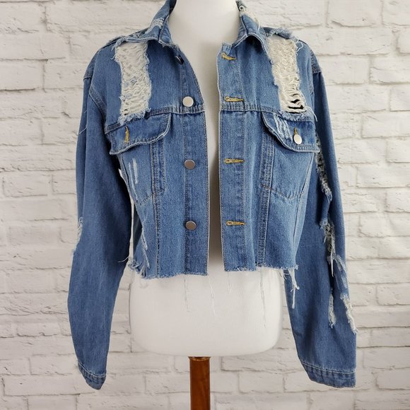 June Threads Jackets & Blazers - June Threads Destroyed Cropped Denim Jean Jacket